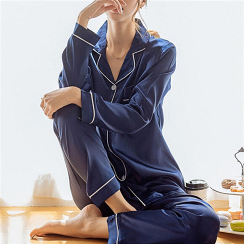 2 Piece Set Loungewear Womens Silk Satin Pajamas Pyjamas Set Long Sleeve Sleepwear Pijama Pajamas Suit Female Sleep