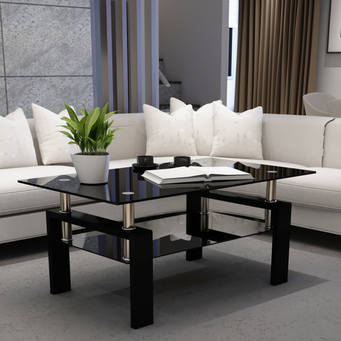 Rectangle Black Glass Coffee Table  Clear Coffee Table Modern Side Center Tables for Living Room Living Room Furniture