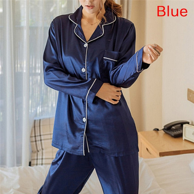 2 Piece Set Loungewear Womens Silk Satin Pajamas Pyjamas Set Long Sleeve Sleepwear Pijama Pajamas Suit Female Sleep