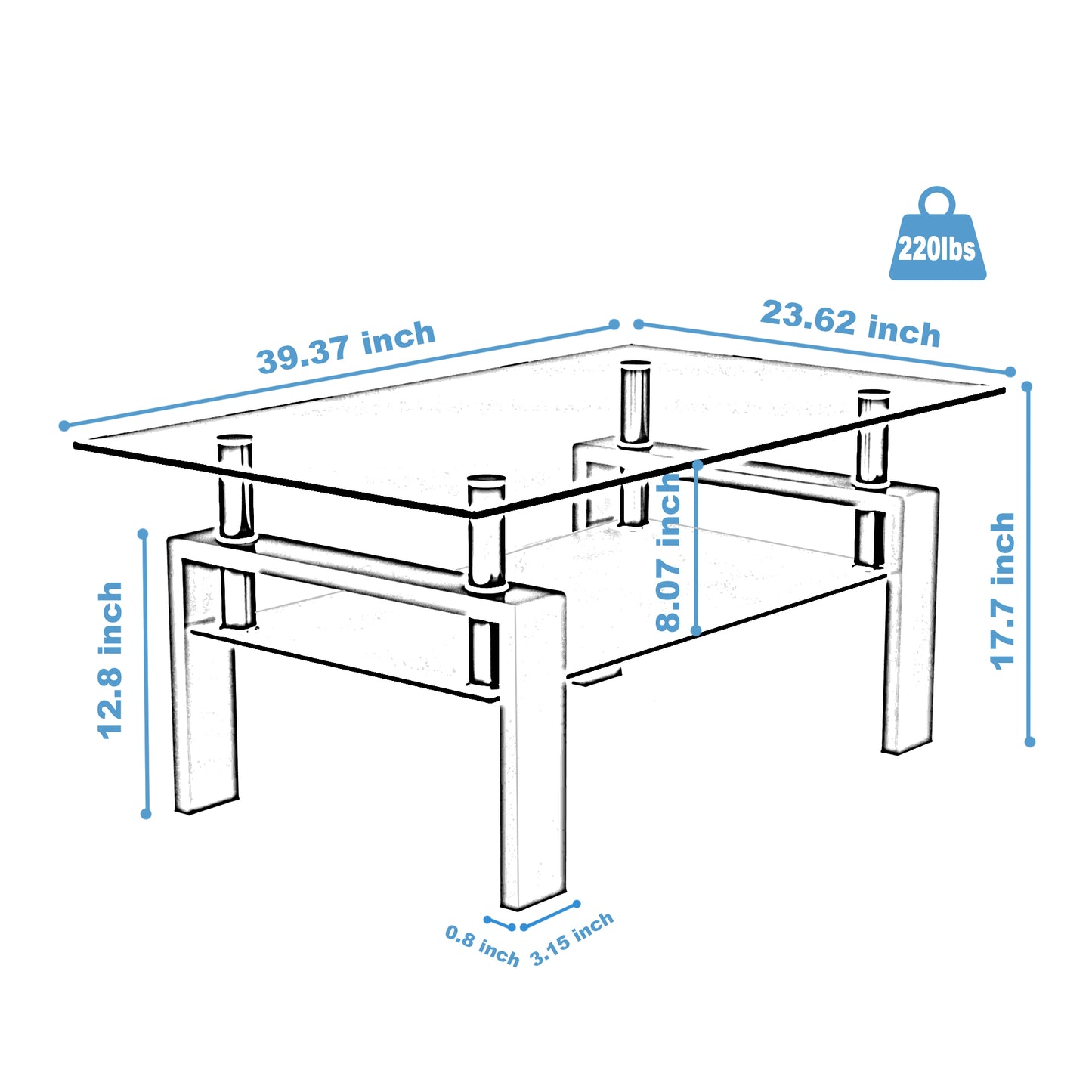 Rectangle Black Glass Coffee Table  Clear Coffee Table Modern Side Center Tables for Living Room Living Room Furniture