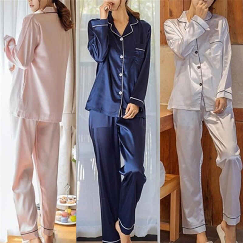 2 Piece Set Loungewear Womens Silk Satin Pajamas Pyjamas Set Long Sleeve Sleepwear Pijama Pajamas Suit Female Sleep