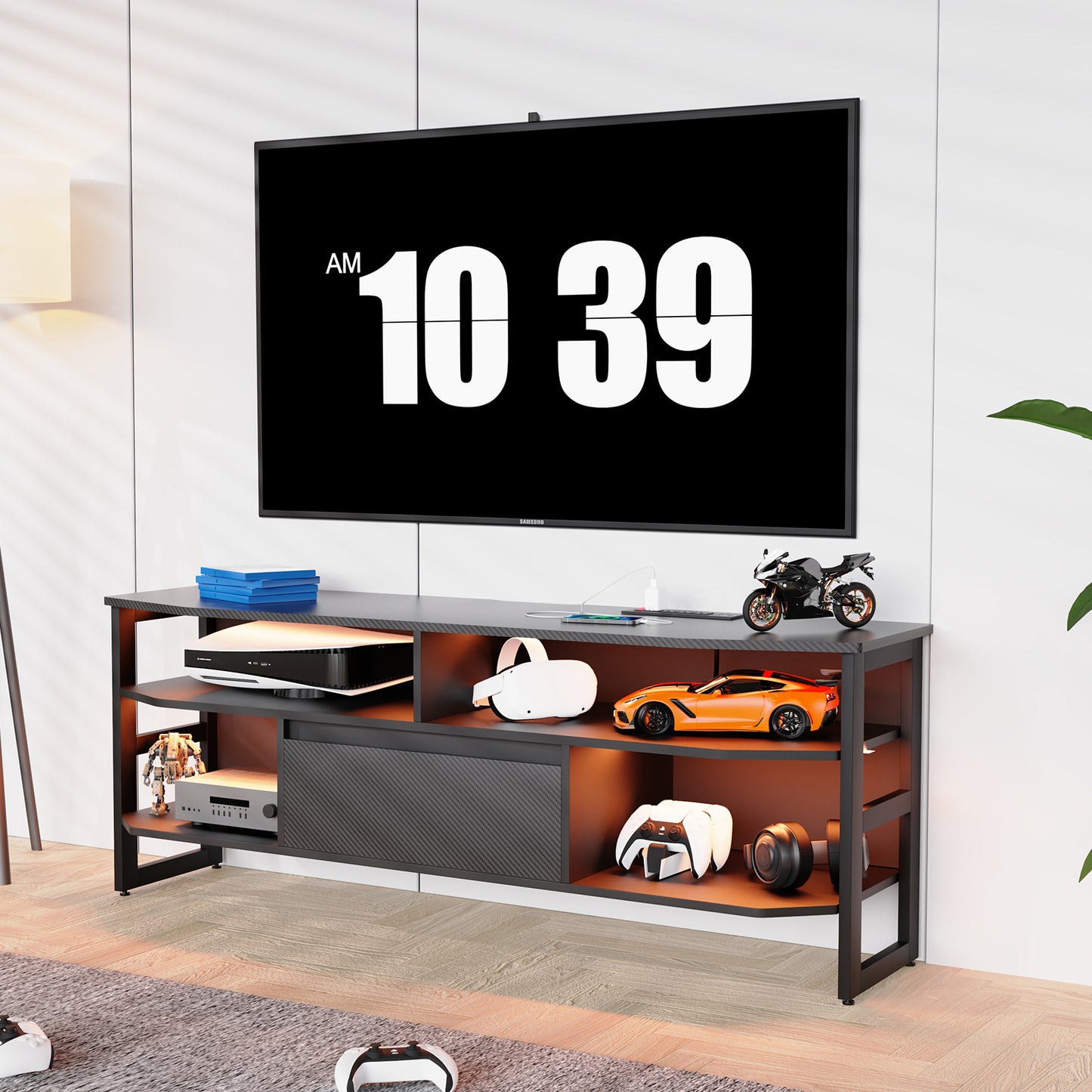 PS5 gaming TV stand with power outlet, capable of accommodating TVs up to 65 inches, 59 inches