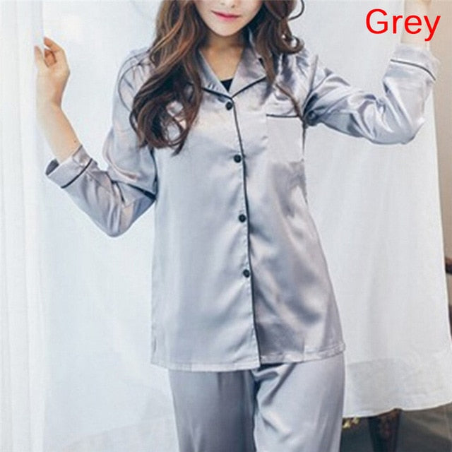 2 Piece Set Loungewear Womens Silk Satin Pajamas Pyjamas Set Long Sleeve Sleepwear Pijama Pajamas Suit Female Sleep