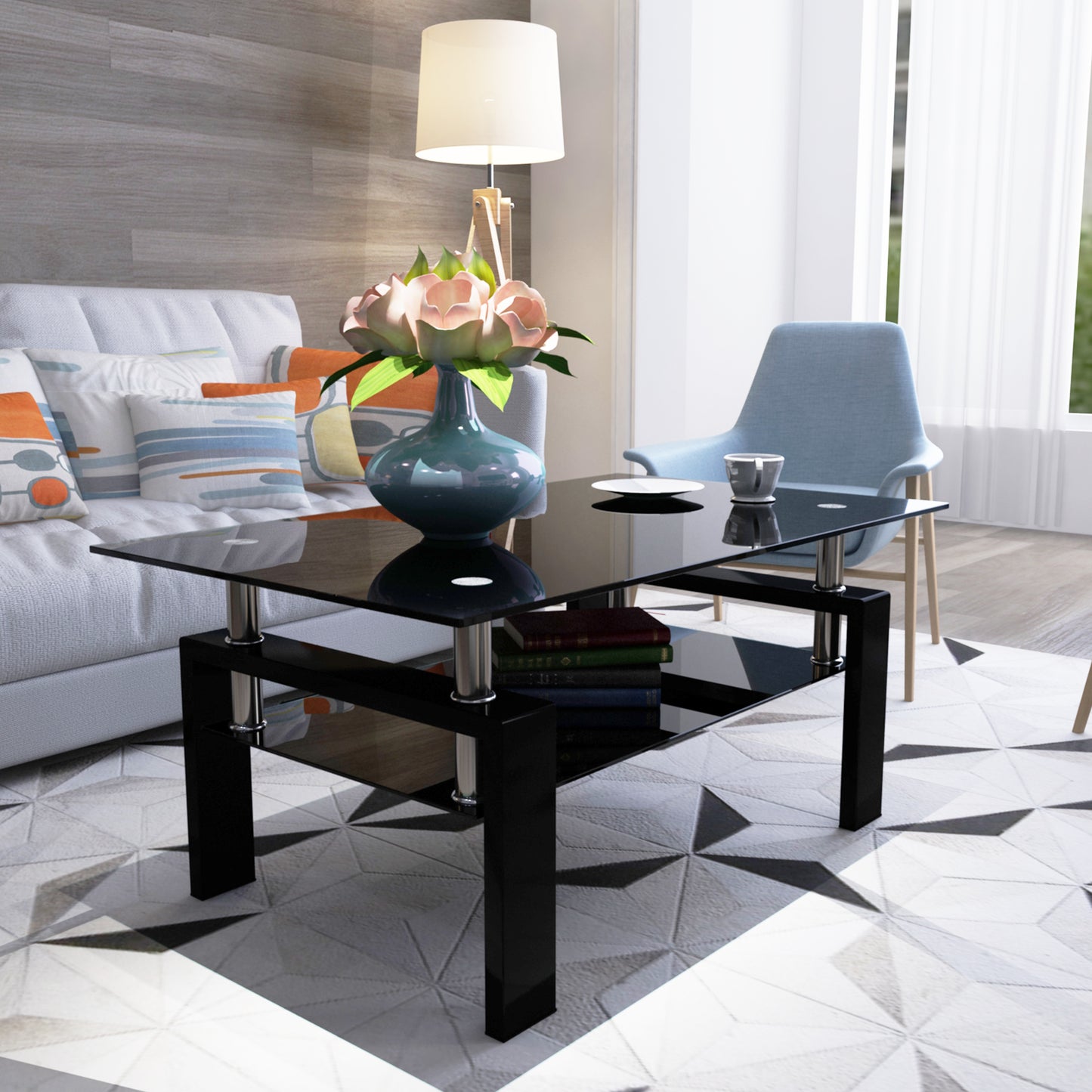 Rectangle Black Glass Coffee Table  Clear Coffee Table Modern Side Center Tables for Living Room Living Room Furniture