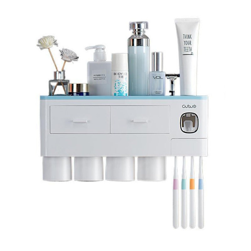 Wall-mounted toothbrush holder wash set household magnetic multi-purpose single drawer storage rack with toothpaste squeezer