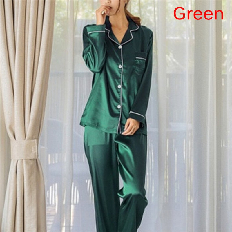 2 Piece Set Loungewear Womens Silk Satin Pajamas Pyjamas Set Long Sleeve Sleepwear Pijama Pajamas Suit Female Sleep